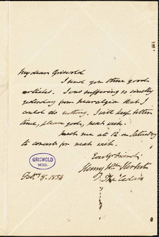 Henry William Herbert, The Cedars., autograph letter signed to R. W. Griswold, 8 February 1853