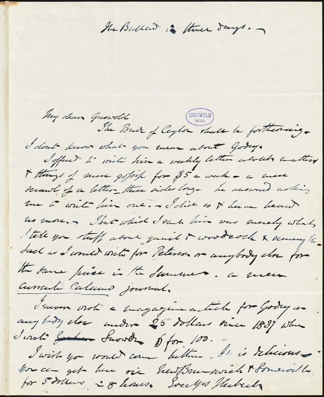 Henry William Herbert, Schooley's Mountain, NJ., autograph letter signed to R. W. Griswold, 28 July