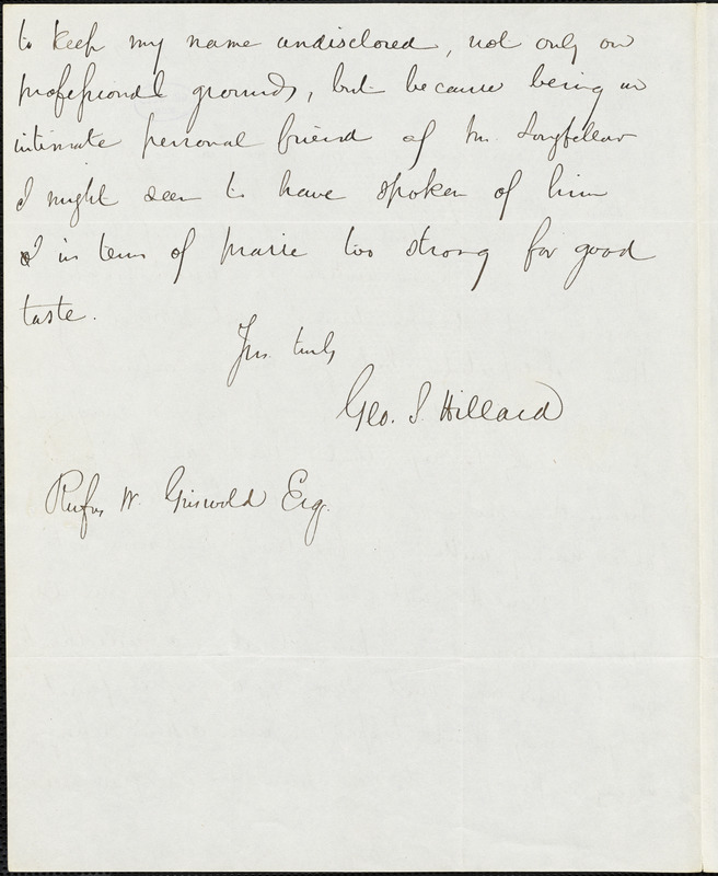 George Stillman Hillard, Boston, autograph letter signed to R. W. Griswold, 19 December 1842