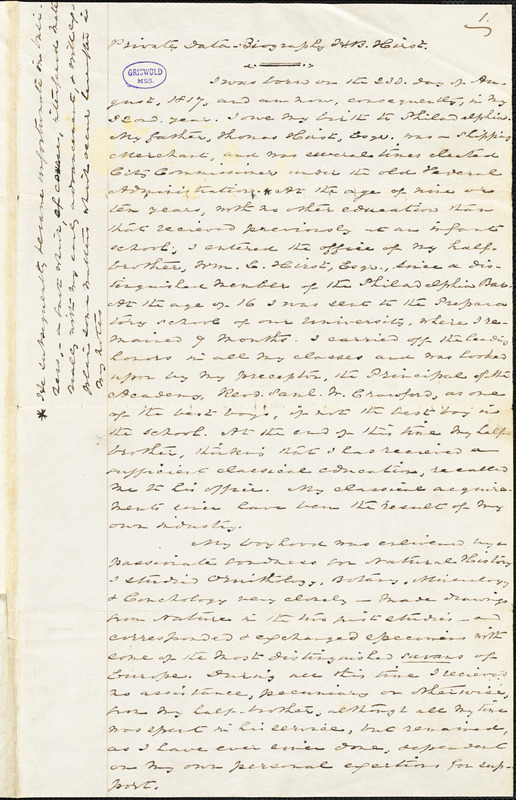 Henry Beck Hirst autograph manuscript, [1849?]