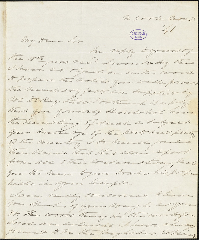 Charles Fenno Hoffman, New York, autograph letter signed to R. W. Griswold, 23 November 1841