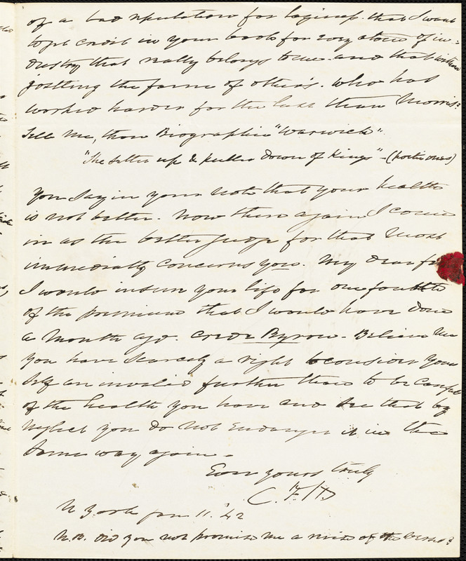 Charles Fenno Hoffman, New York, autograph letter signed to R. W. Griswold, 11 January 1842