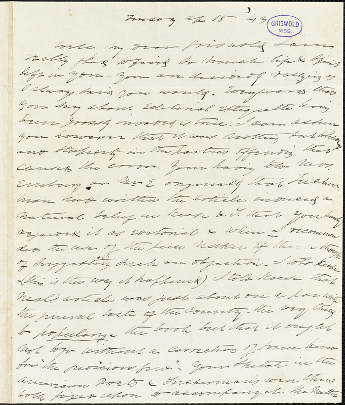 Charles Fenno Hoffman autograph letter signed to R. W. Griswold, 18 April 1843