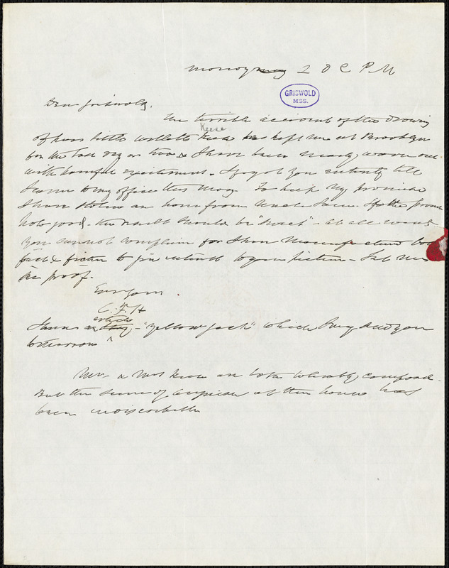 Charles Fenno Hoffman, New York, autograph letter signed to R. W. Griswold, 24 April 1843