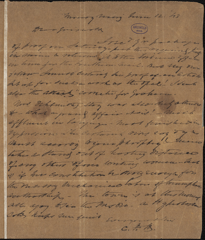 Charles Fenno Hoffman, New York, autograph letter signed to R. W. Griswold, 12 June 1843