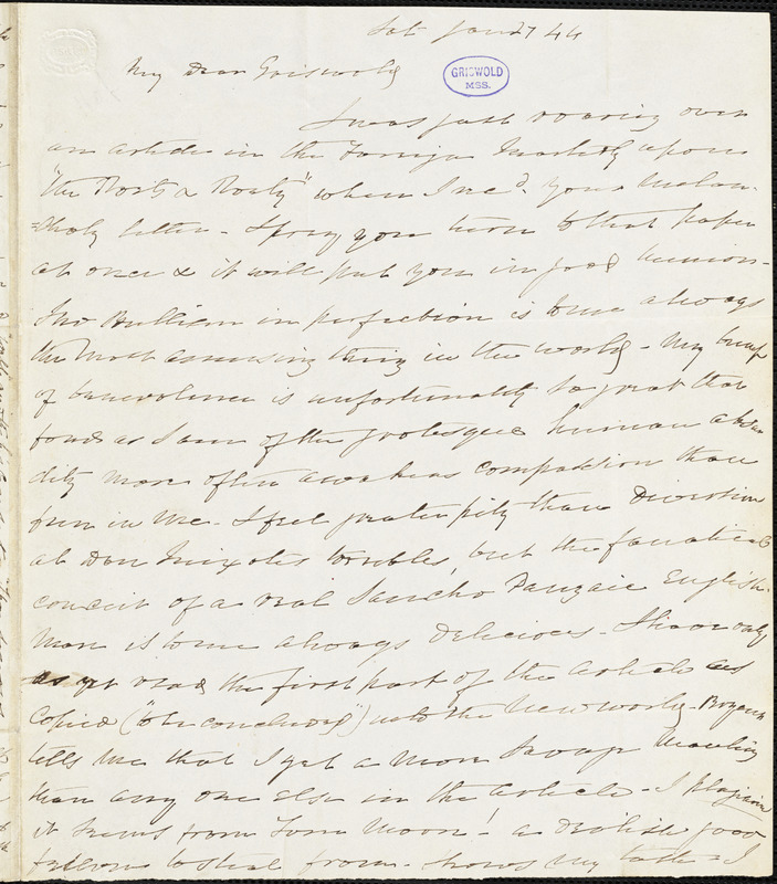 Charles Fenno Hoffman, New York, autograph letter signed to R. W. Griswold, 27 January 1844
