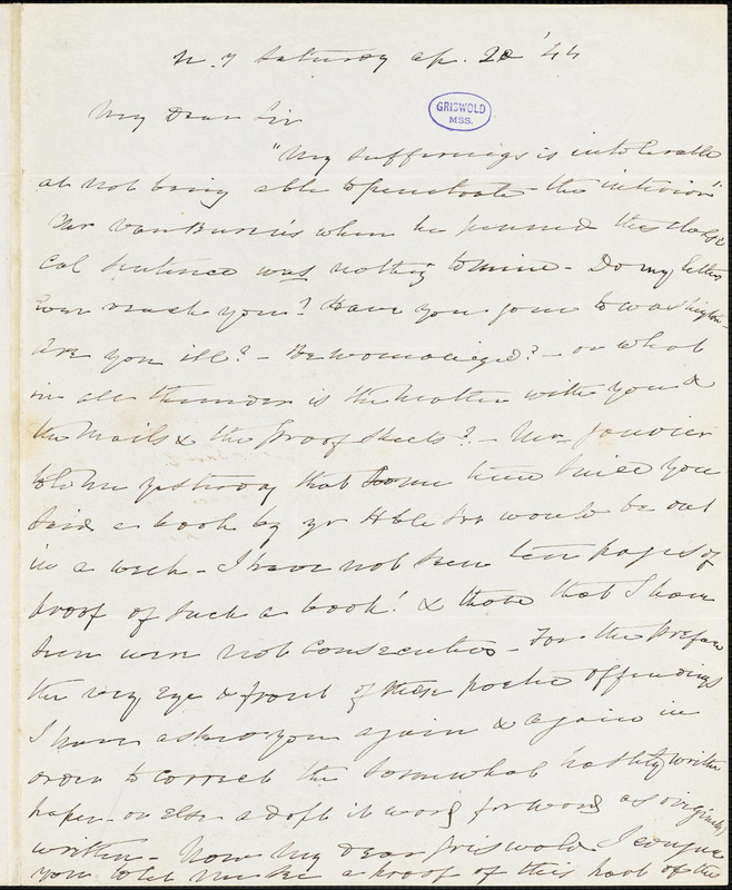 Charles Fenno Hoffman, New York, autograph letter signed to R. W. Griswold, 20 April 1844