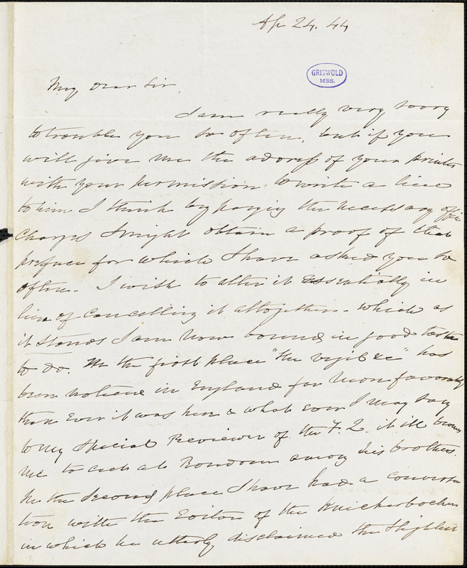 Charles Fenno Hoffman, New York, autograph letter signed to R. W. Griswold, 24 April 1844