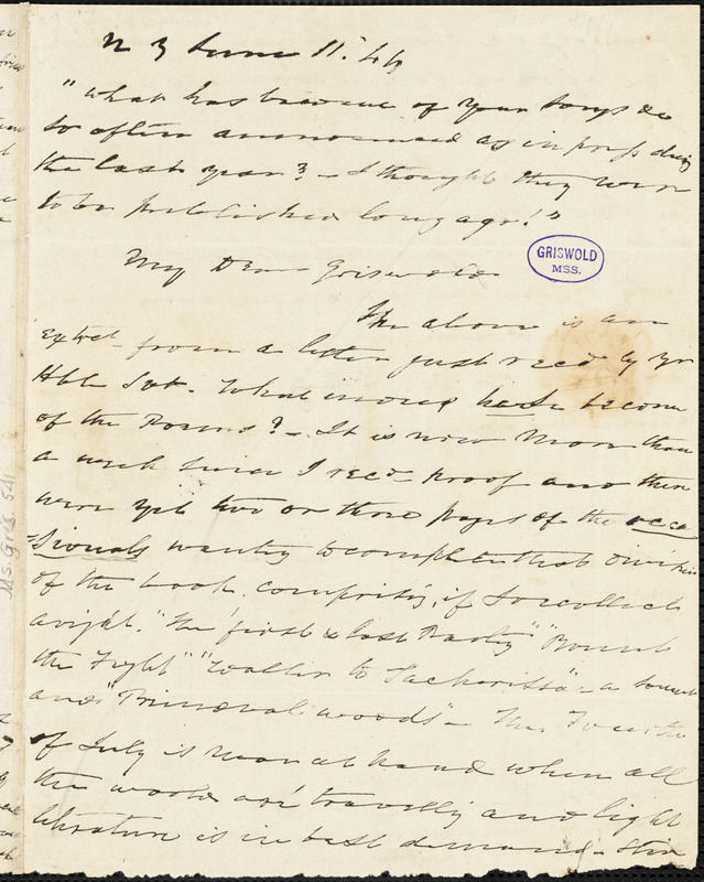 Charles Fenno Hoffman, New York, autograph letter signed to R. W. Griswold, 11 June 1844