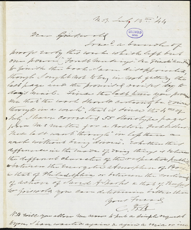 Charles Fenno Hoffman, New York, autograph letter signed to R. W. Griswold, 13 July 1844