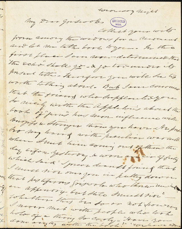 Charles Fenno Hoffman, New York, autograph letter signed to R. W. Griswold, [23?] September [1844?]