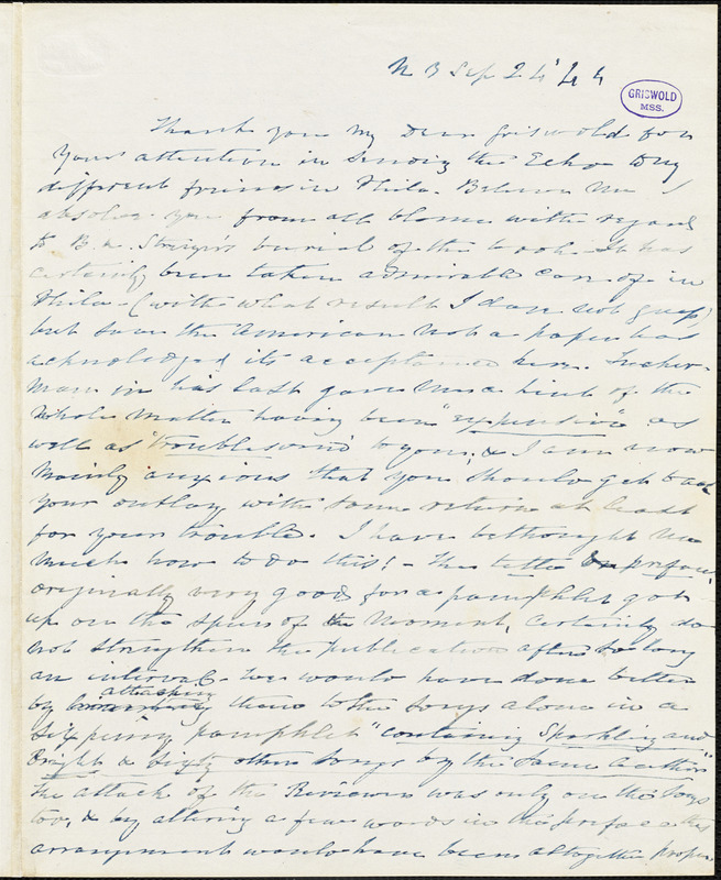 Charles Fenno Hoffman, New York, autograph letter signed to R. W. Griswold, 24 September 1844