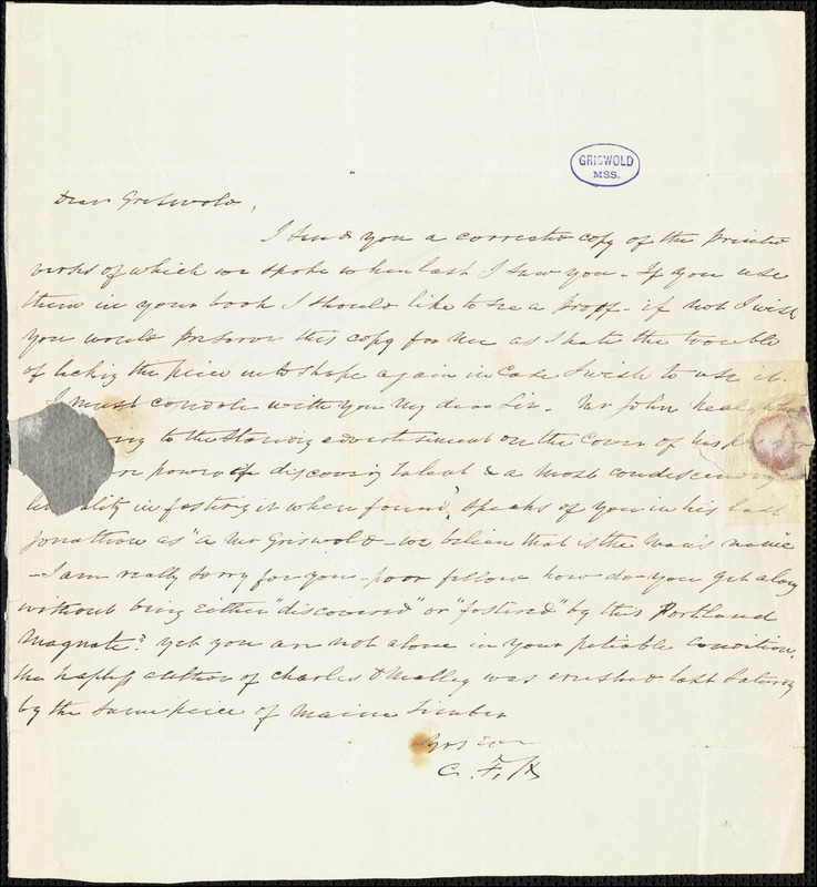 Charles Fenno Hoffman, New York, autograph letter signed to R. W. Griswold, [25 October 1844?]