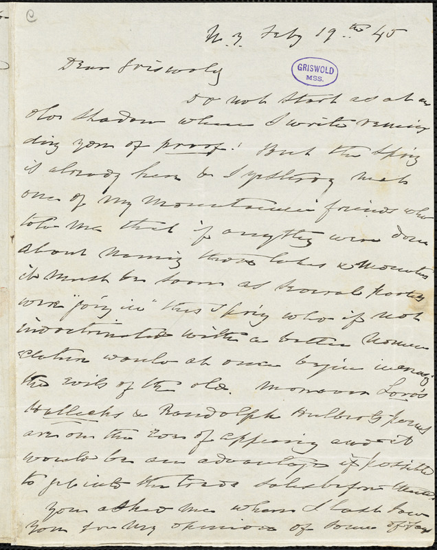 Charles Fenno Hoffman, New York, autograph letter signed to R. W. Griswold, 19 February 1845