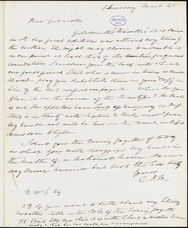 Charles Fenno Hoffman, New York, autograph letter signed to R. W. Griswold, 6 March 1845