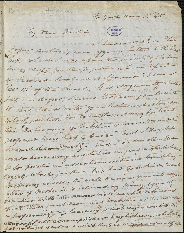 Charles Fenno Hoffman, New York, autograph letter signed to R. W. Griswold, 5 August 1845