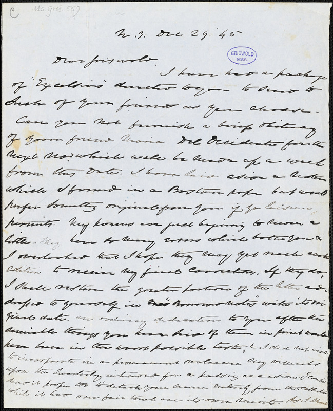 Charles Fenno Hoffman, New York, autograph letter signed to R. W. Griswold, 29 December 1845