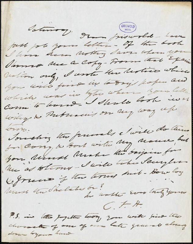 Charles Fenno Hoffman, New York, autograph letter signed to R. W. Griswold, [24 July 1847?]