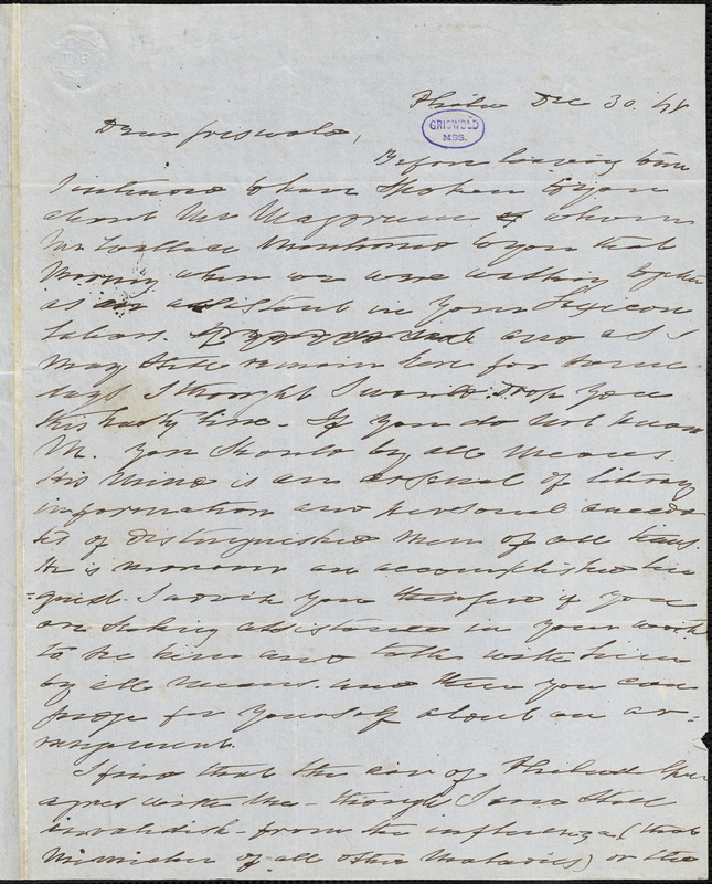 Charles Fenno Hoffman, Philadelphia, PA., autograph letter signed to R. W. Griswold, 30 December 1848