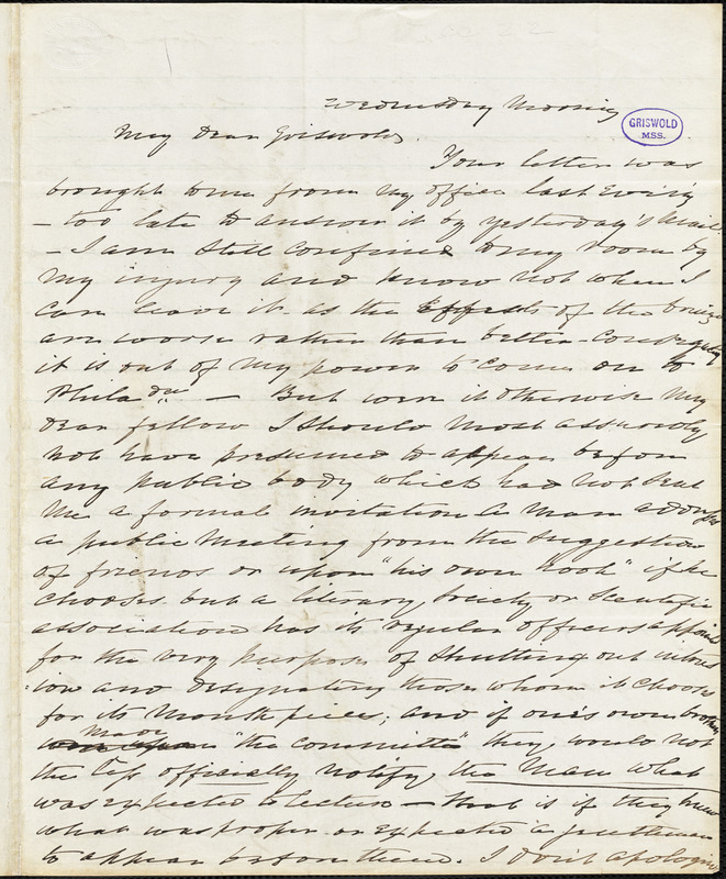 Charles Fenno Hoffman, Wednesday morning., autograph letter signed to R. W. Griswold, [22 December]