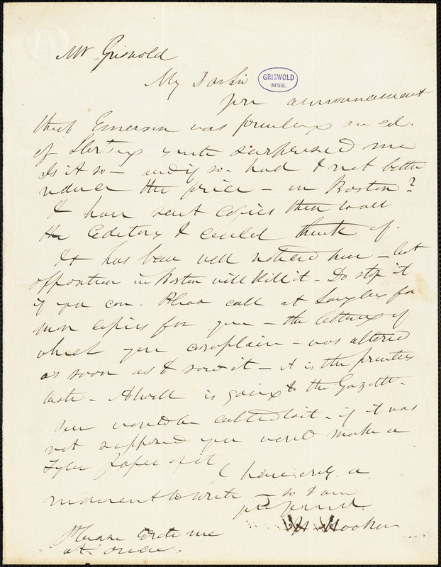 Herman Hooker autograph letter signed to R. W. Griswold, [1842?]