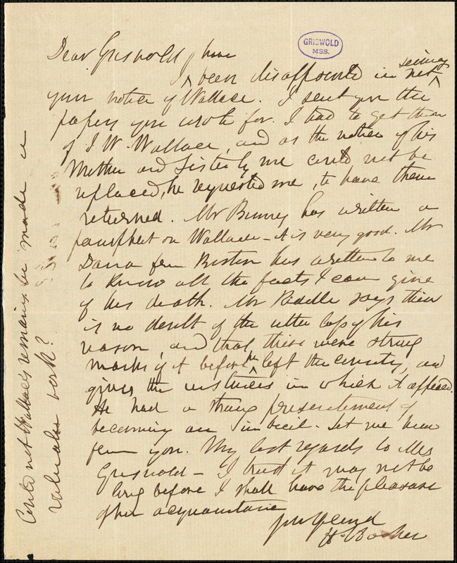 Herman Hooker autograph letter signed to R. W. Griswold, [1853?]