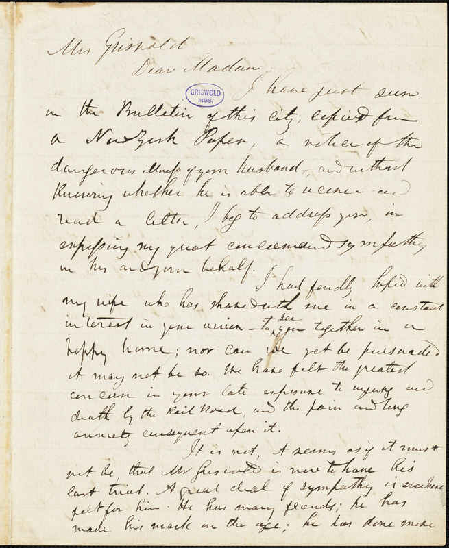 Herman Hooker, Philadelphia, PA., autograph letter signed to Harriet (McCrillis) Griswold, 10 August 1853