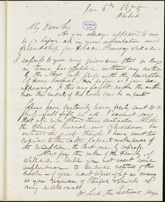 Herman Hooker, Philadelphia, PA., autograph letter signed to R. W. Griswold, 6 January 1855