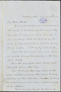 Samuel Hopkins, Northampton., autograph letter signed to Mary Ann Dwight, 20 March 1854