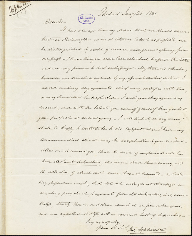 Joseph Hopkinson, Philadelphia, PA., autograph letter signed to Edgar Allan Poe, 25 January 1841