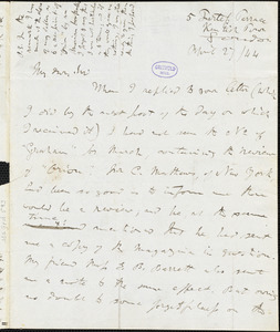 Richard Henry (Hengist) Horne, London, Eng., autograph letter signed to Edgar Allan Poe, 27 April 1844