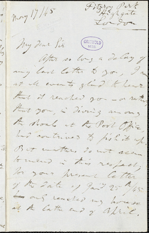 Richard Henry (Hengist) Horne, London, Eng., autograph letter signed to Edgar Allan Poe, 17 May 1845
