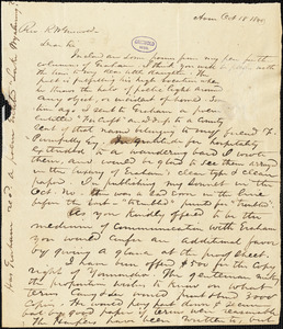 William Henry Cuyler Hosmer, Avon, NY., autograph letter signed to R. W. Griswold, 18 October 1843