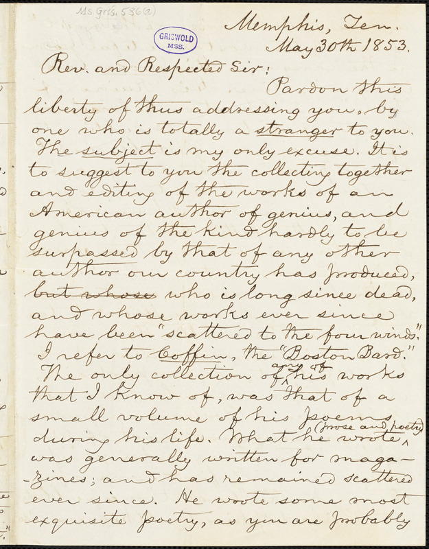 John R. Howard, Memphis, TN., autograph letter signed to [R. W. Griswold?], 30 May 1853