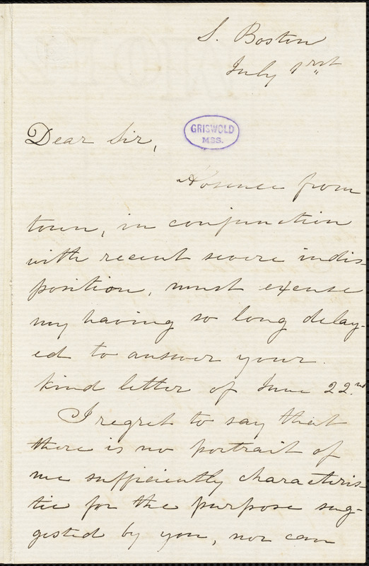 Julia (Ward) Howe, South Boston, MA., autograph letter signed to R. W. Griswold, 1 July