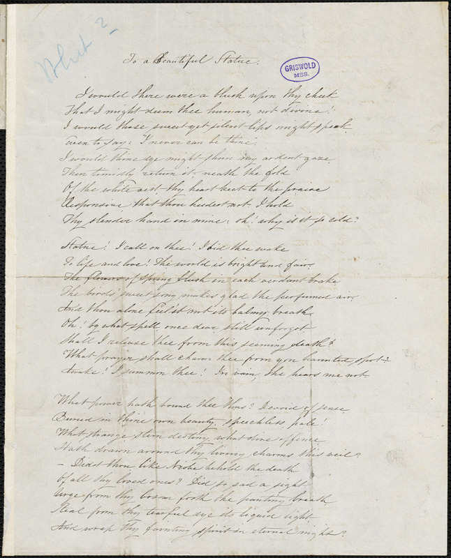 Julia (Ward) Howe manuscript poem: "To a Beautiful Statue."