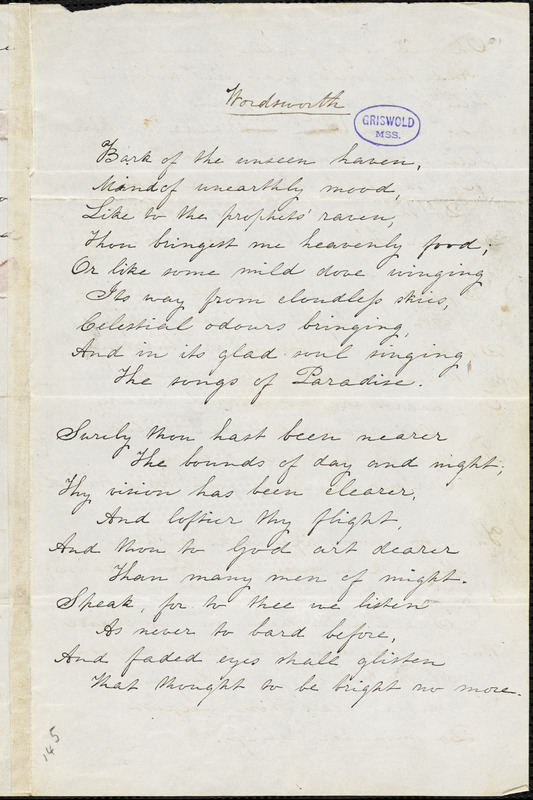 Julia (Ward) Howe manuscript poem: "Wordsworth."