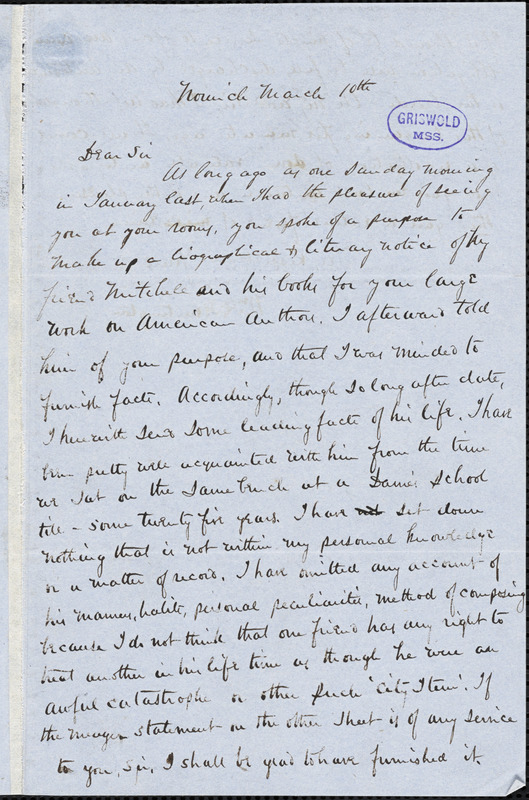 William Henry Huntington, Norwich., autograph letter signed, 10 March