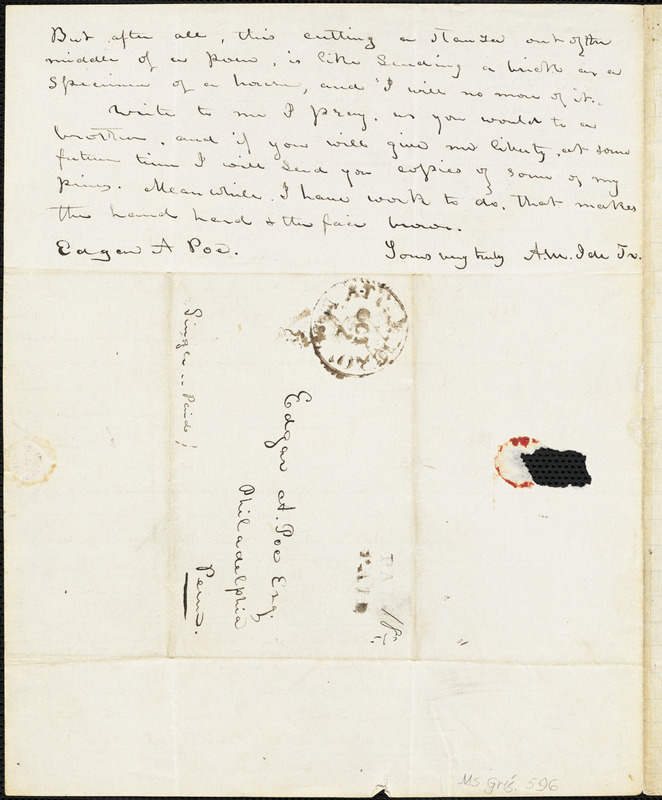 Abijah M. Ide Jr., South Attleborough, MA., autograph letter signed to Edgar Allan Poe, 1 October 1843