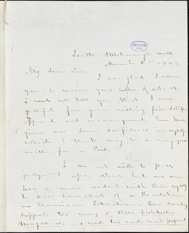 Abijah M. Ide Jr., South Attleborough, MA., autograph letter signed to Edgar Allan Poe, 2 November 1843