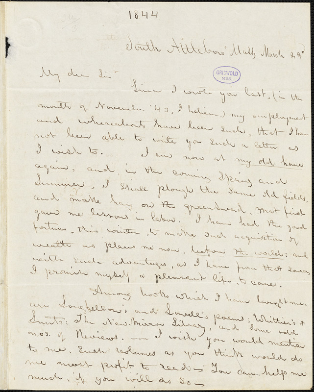 Abijah M. Ide Jr., South Attleborough, MA., autograph letter signed to Edgar Allan Poe, 23 March [1844]