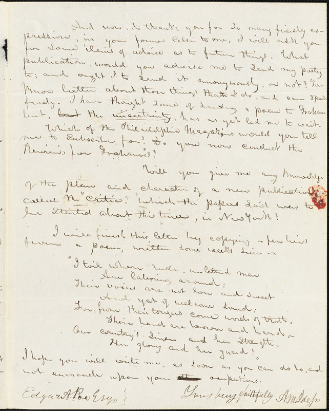 Abijah M. Ide Jr., South Attleborough, MA., autograph letter signed to Edgar Allan Poe, 23 March [1844]