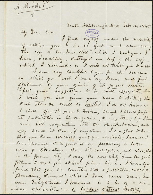 Abijah M. Ide Jr., South Attleborough, MA., autograph letter signed to Edgar Allan Poe, 16 February 1845