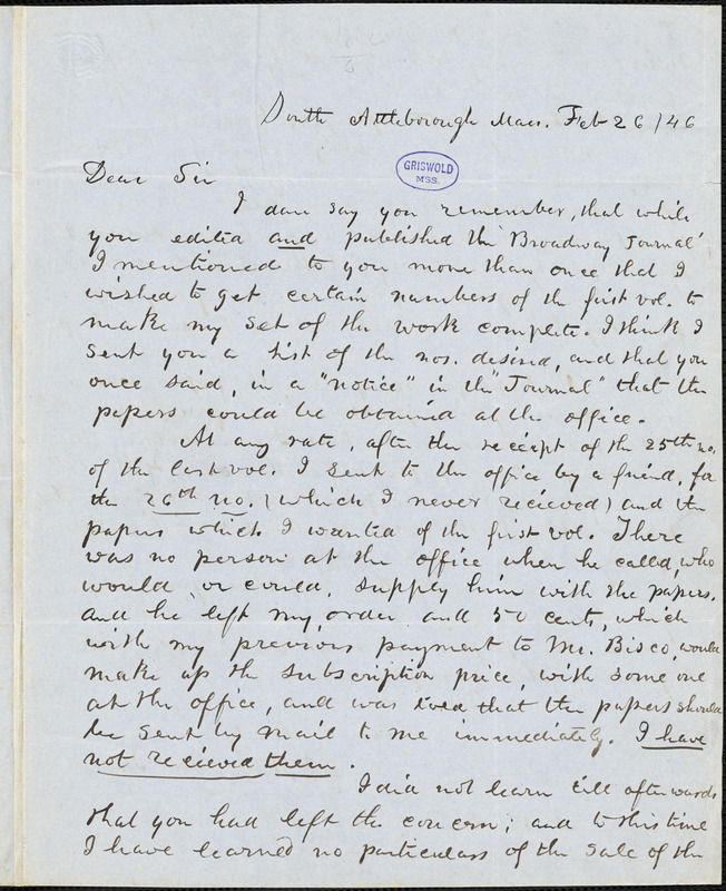 Abijah M. Ide Jr., South Attleborough, MA., autograph letter signed to Edgar Allan Poe, 26 February 1846