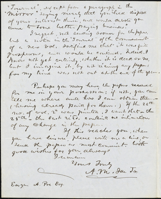 Abijah M. Ide Jr., South Attleborough, MA., autograph letter signed to Edgar Allan Poe, 26 February 1846