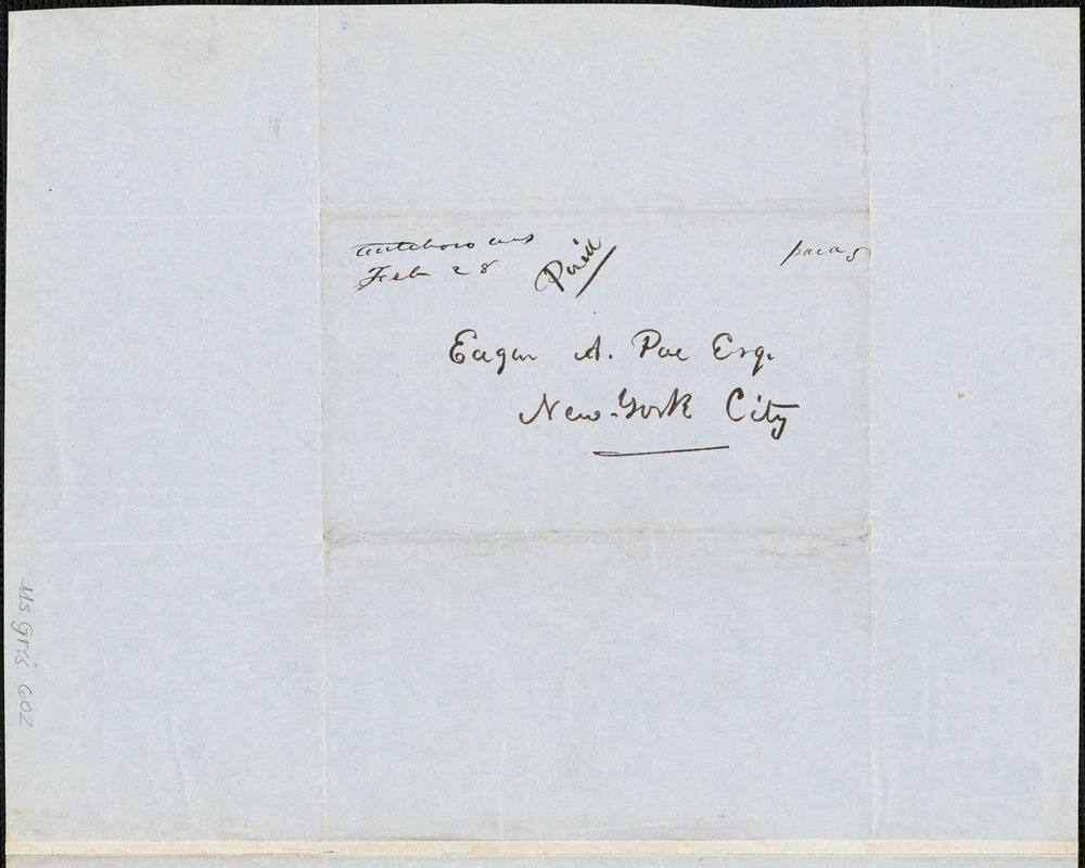 Abijah M. Ide Jr., South Attleborough, MA., autograph letter signed to Edgar Allan Poe, 26 February 1846