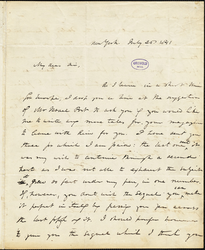 Joseph Holt Ingraham, New York, autograph letter signed to George Rex Graham, 25 July 1841
