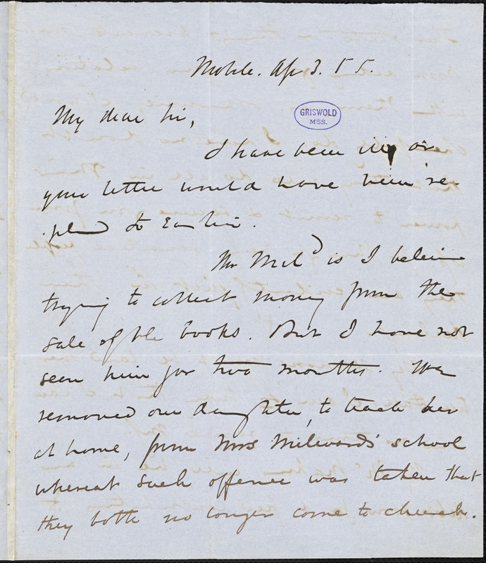 Joseph Holt Ingraham, Mobile, AL., autograph letter signed, 3 April 1855