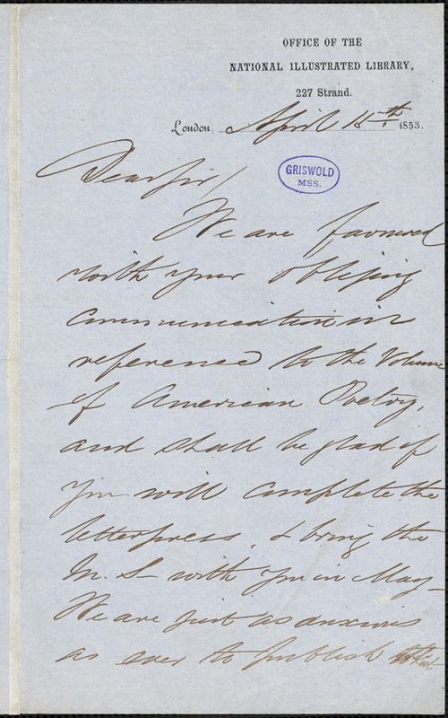 Cooke Ingraham and Co., London, Eng., autograph letter signed to R. W. Griswold, 15 April 1853