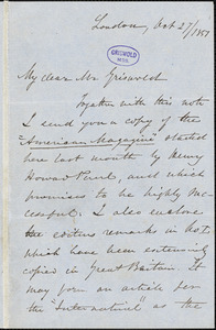 H. I. Irving, London., autograph letter signed to R. W. Griswold, 27 October 1851